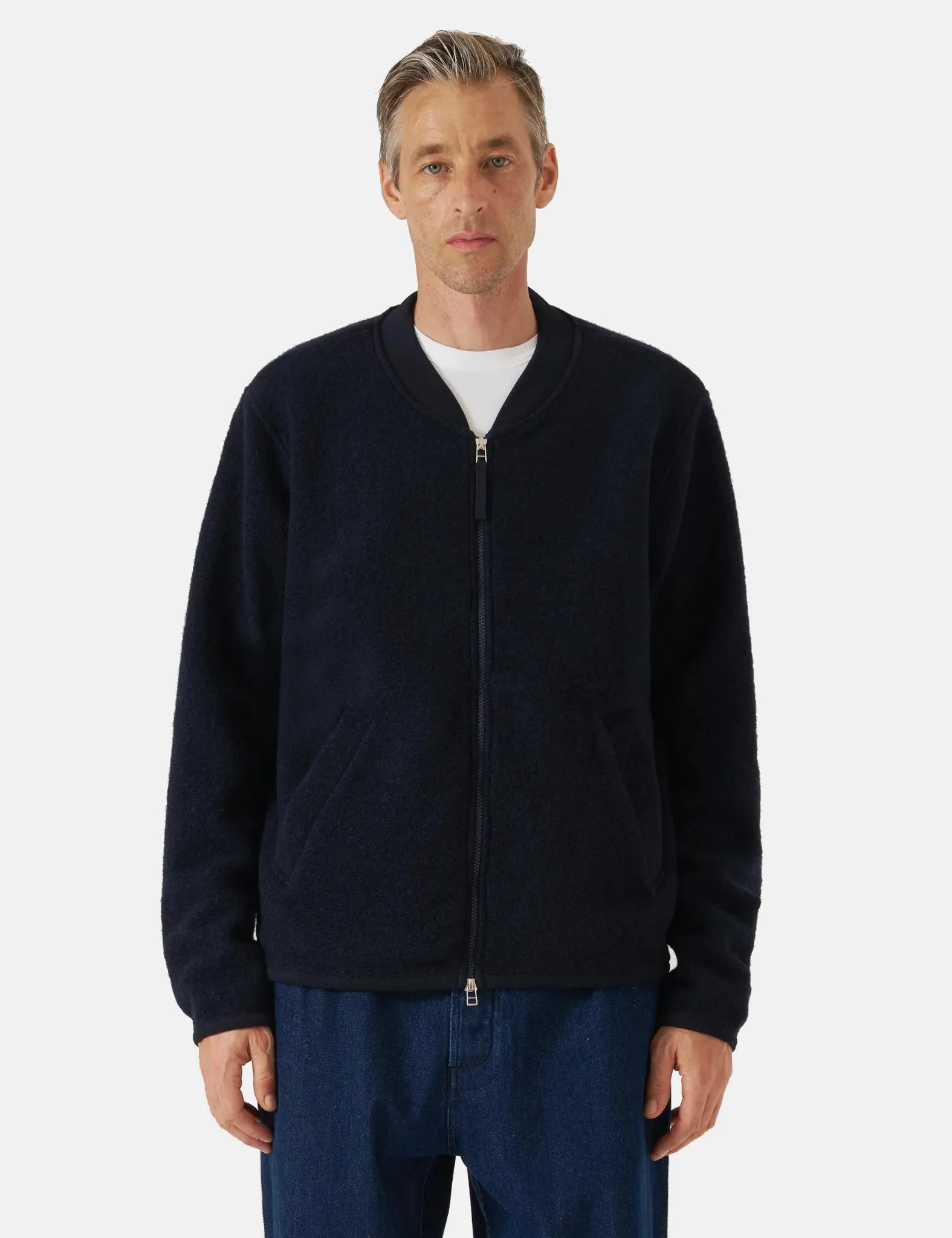 Universal Works Zip Bomber Jacket (Wool Fleece) - Navy Blue sold by Article London