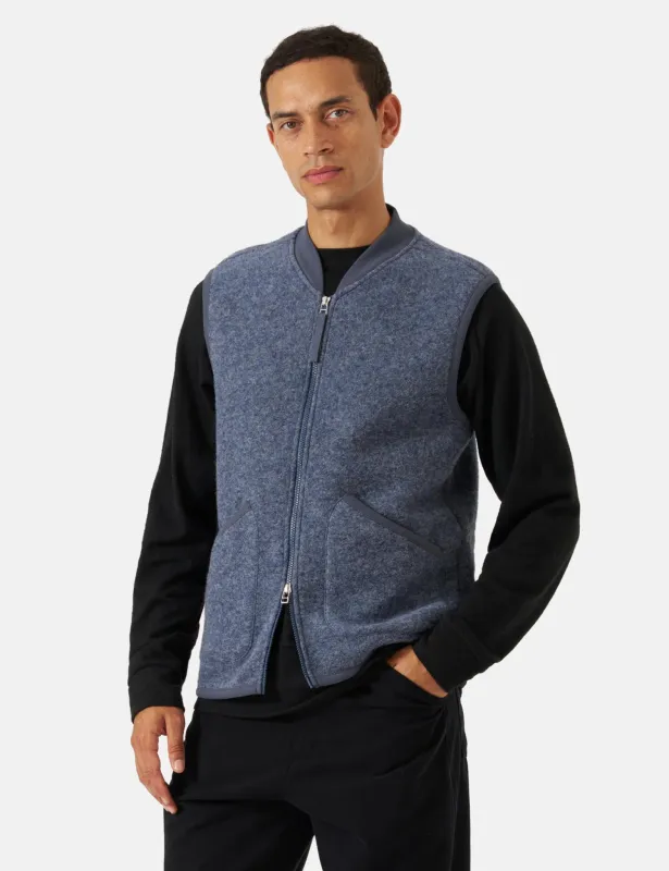 Universal Works Zip Waistcoat (Wool Fleece) - Slate Blue sold by Article London