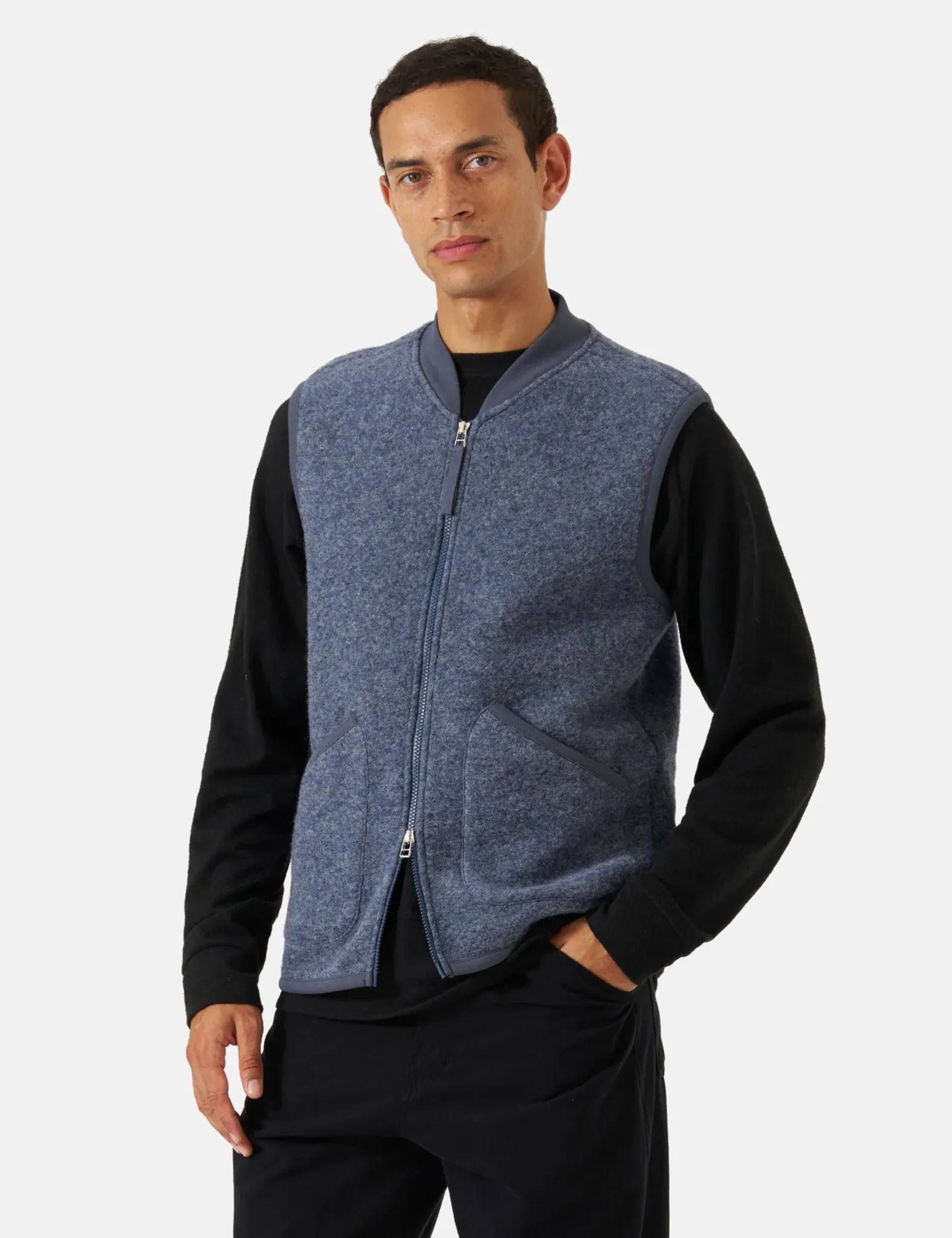 Universal Works Zip Waistcoat (Wool Fleece) - Slate Blue sold by Article London