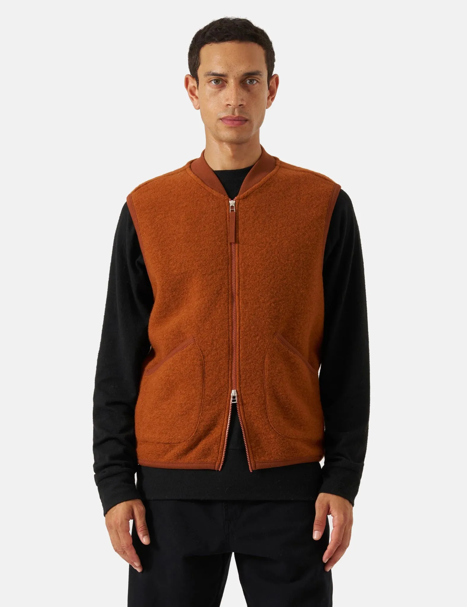 Universal Works Zip Waistcoat (Wool Fleece) - Rust sold by Article London