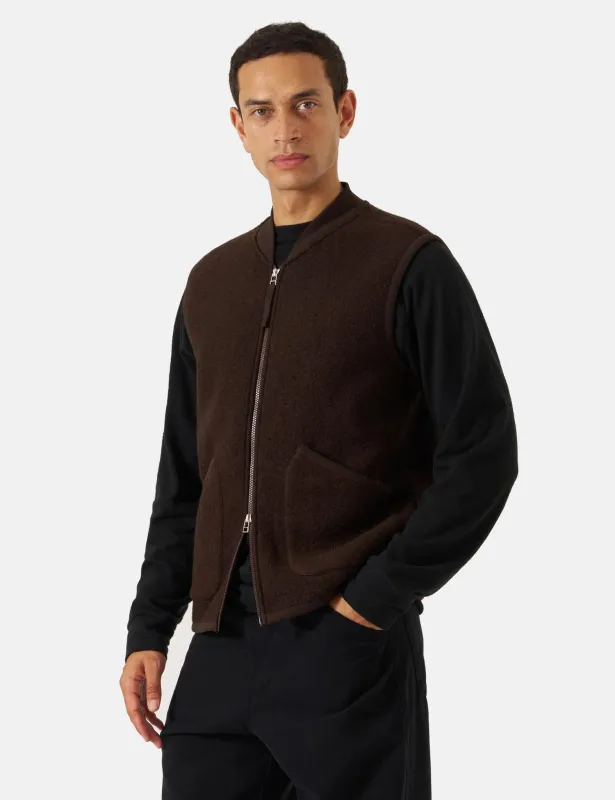 Universal Works Zip Waistcoat (Wool Fleece) - Brown sold by Article London
