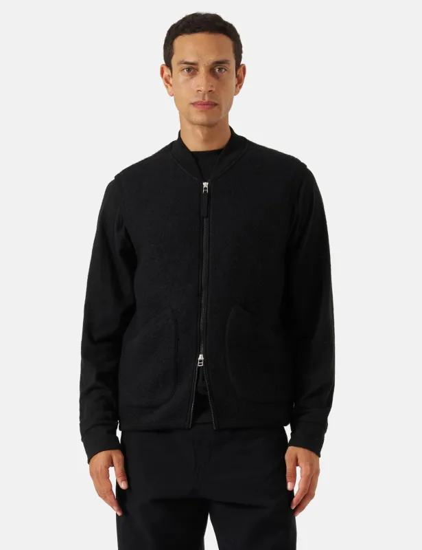Universal Works Zip Waistcoat (Wool Fleece) - Black sold by Article London