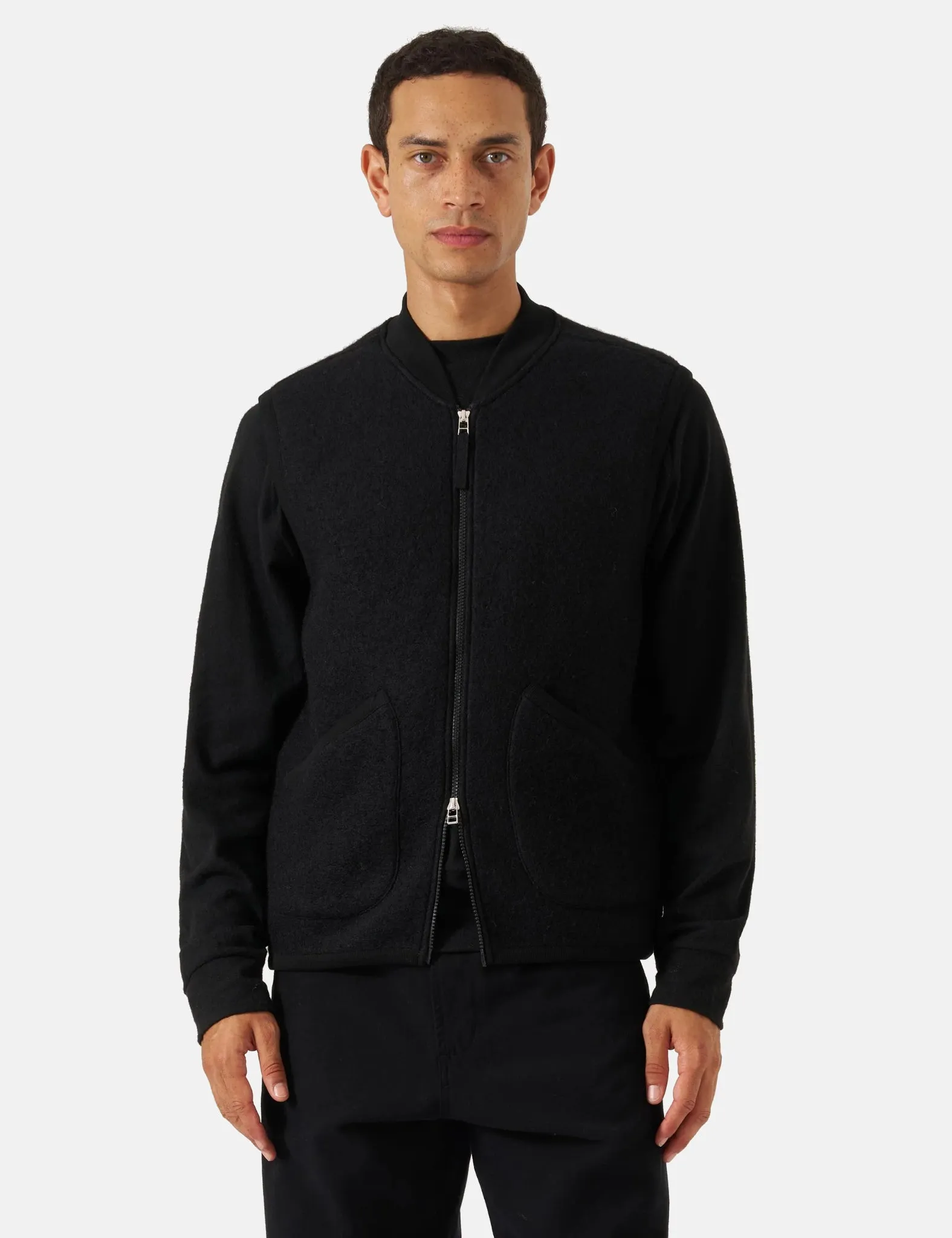 Universal Works Zip Waistcoat (Wool Fleece) - Black sold by Article London