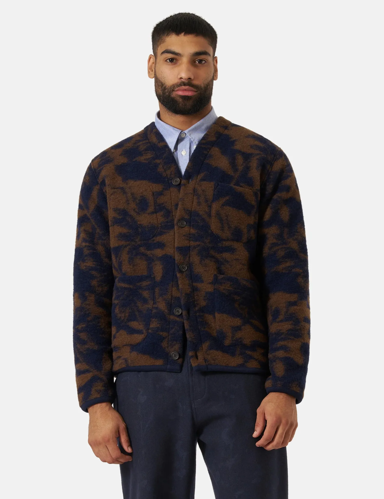Universal Works Cardigan (Studio Fleece) - Navy/Brown sold by Article London