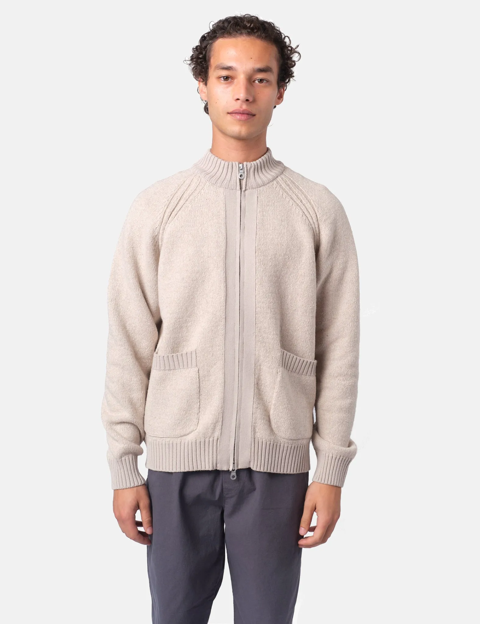 Folk Knitted Zip Through Bomber - Stone sold by Article London