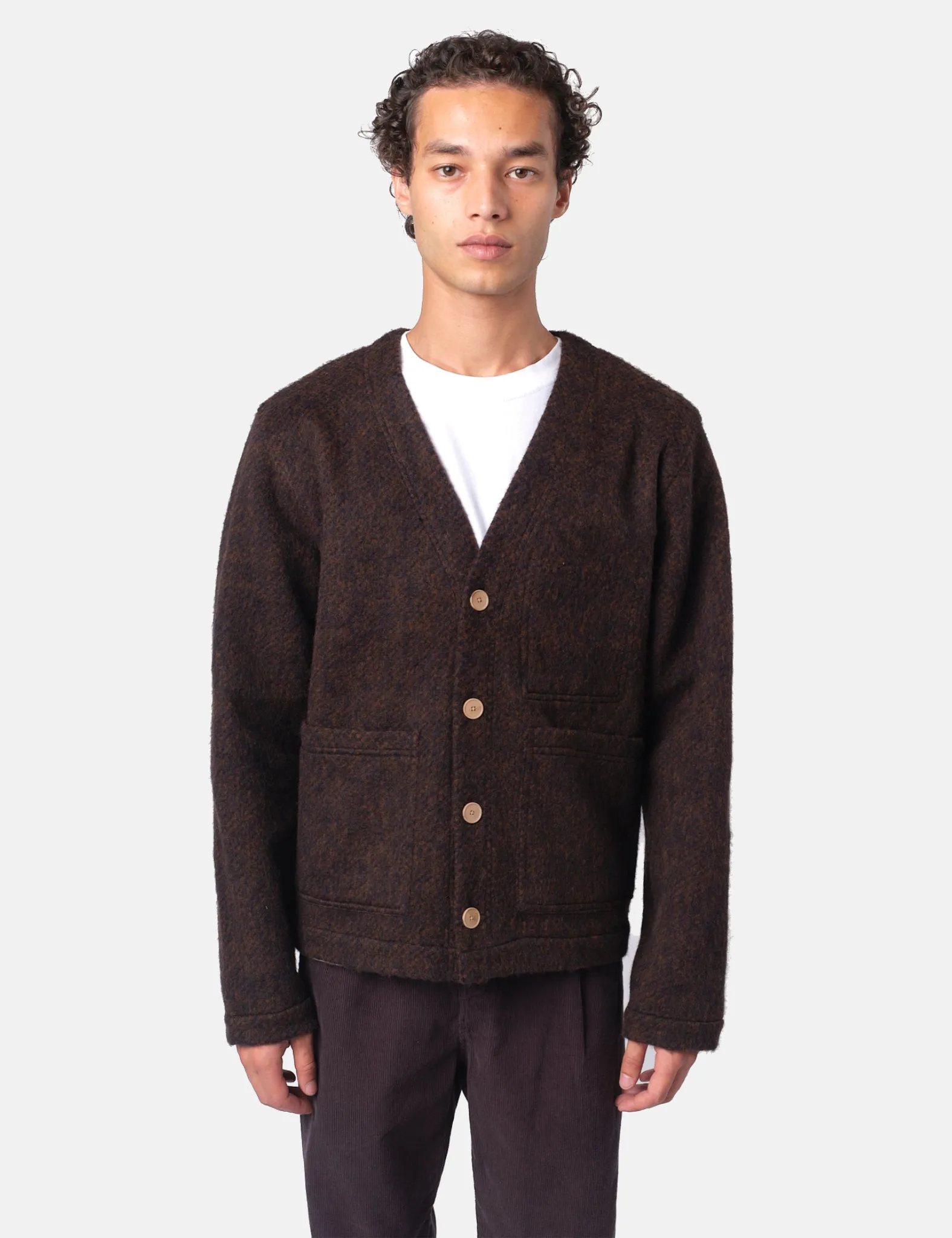 Folk Pocket Brushed Wool Cardigan - Navy/Espresso sold by Article London