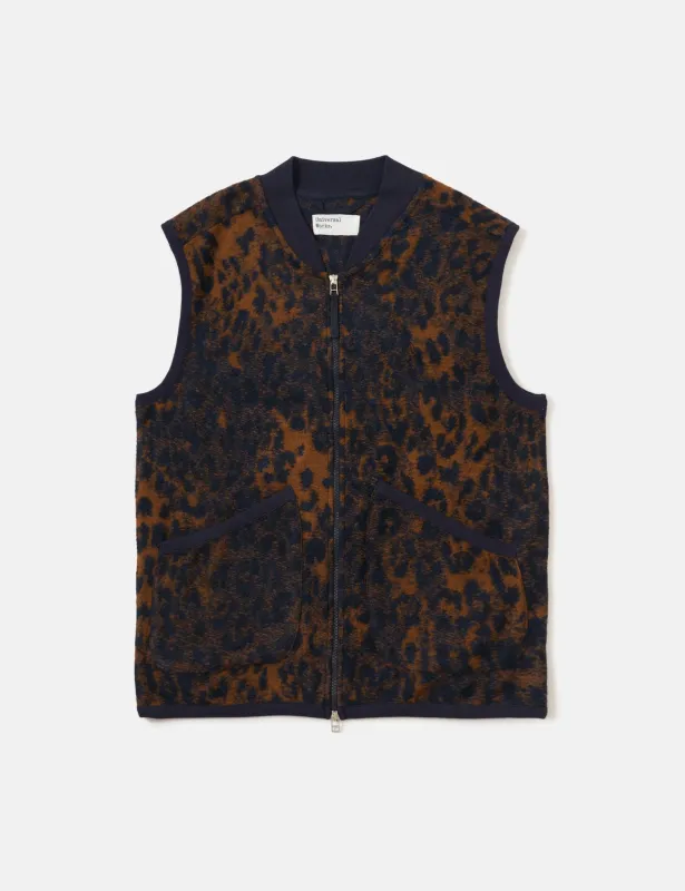 Universal Works Zip Waistcoat (Night Leopard) - Dark Navy/Brown sold by Article London
