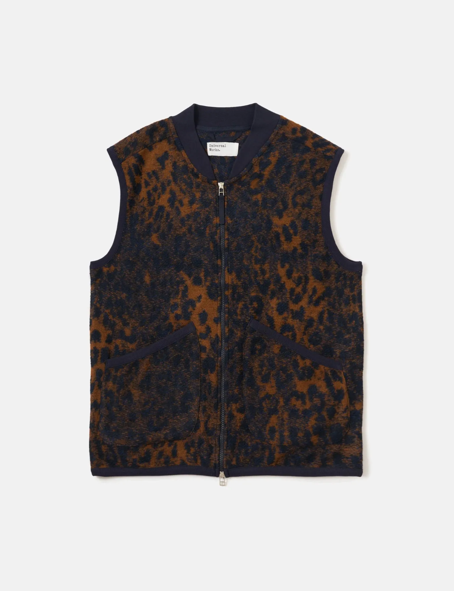 Universal Works Zip Waistcoat (Night Leopard) - Dark Navy/Brown sold by Article London