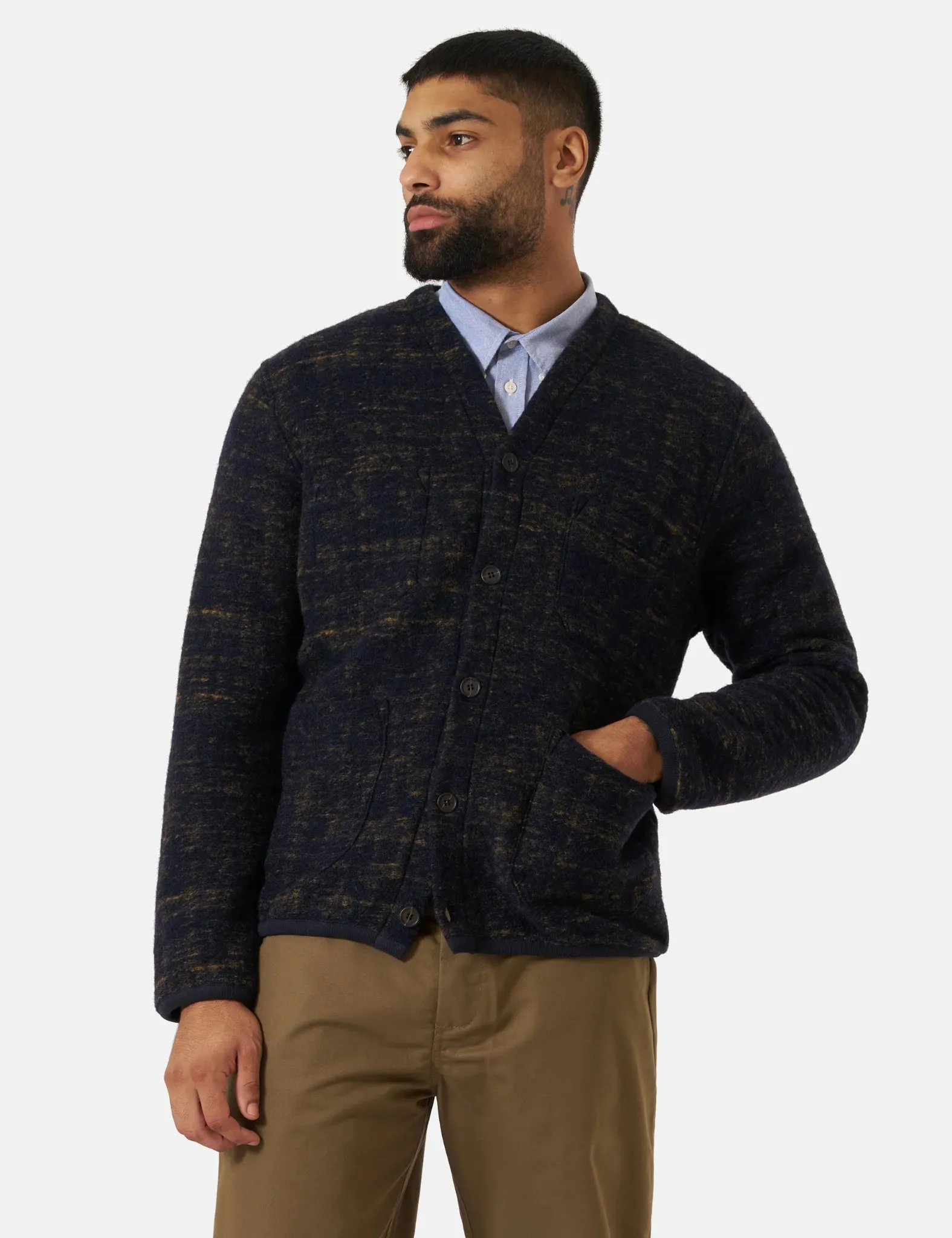 Universal Works Marble Fleece Cardigan - Navy Blue sold by Article London