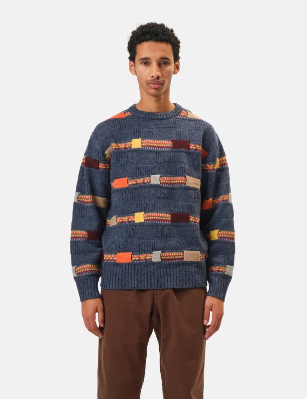 Beams Plus Jacquard Fair Isle Knitted Crew (Stripe 5G) - Navy Blue sold by Article London