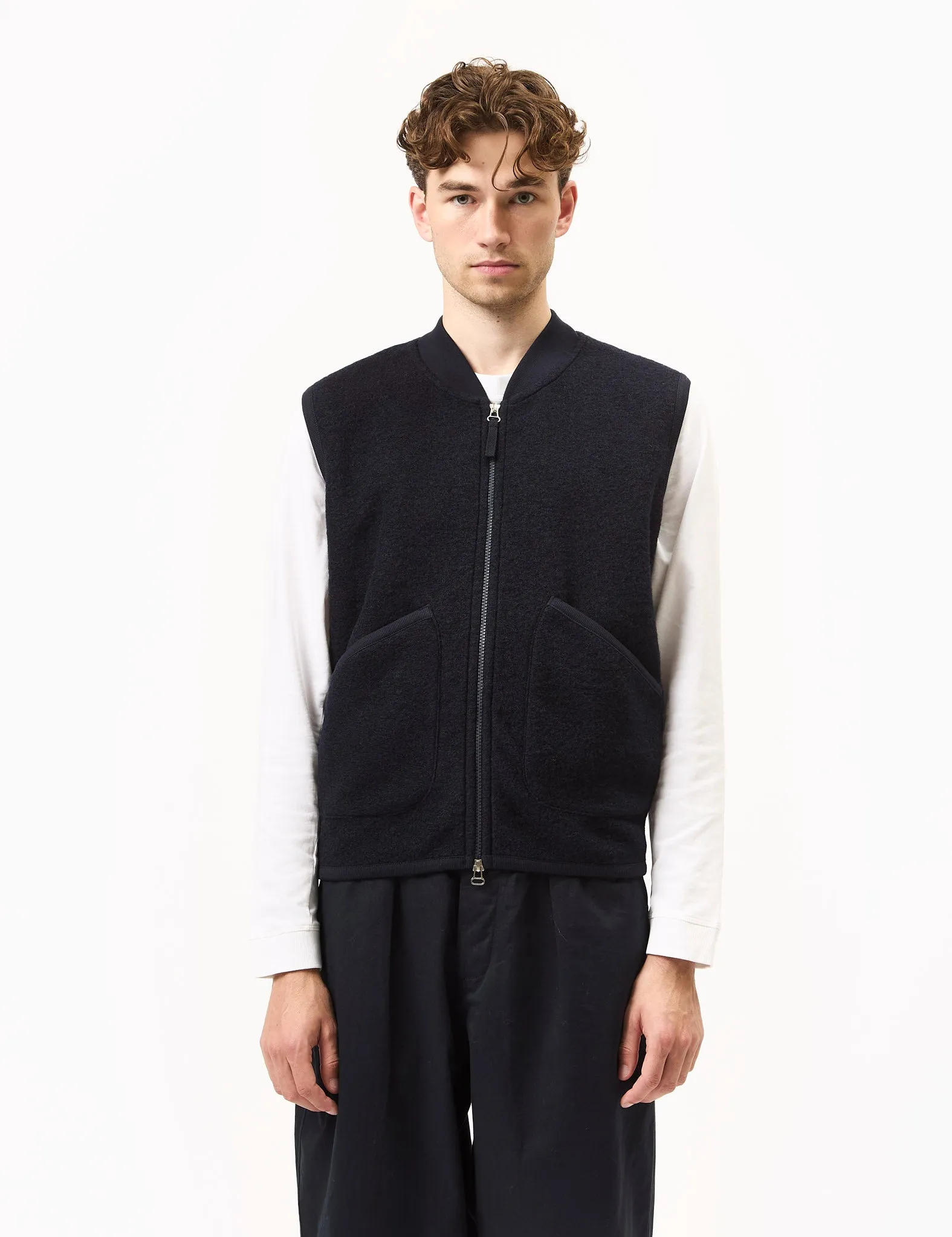 Universal Works Zip Waistcoat (Wool Fleece) - Navy Blue sold by Article London