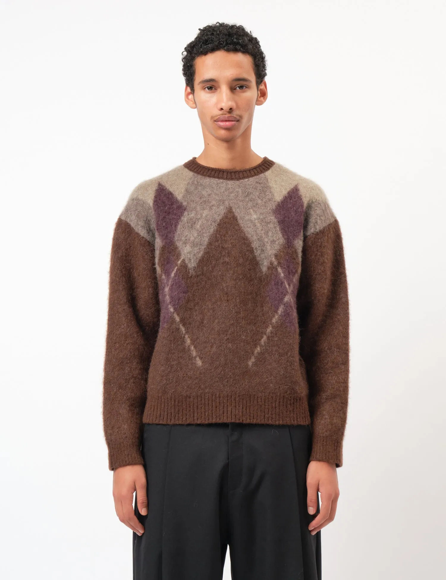 Coor Hairy Mixed Argyle Crewneck Sweater - Melange Brown sold by Article London