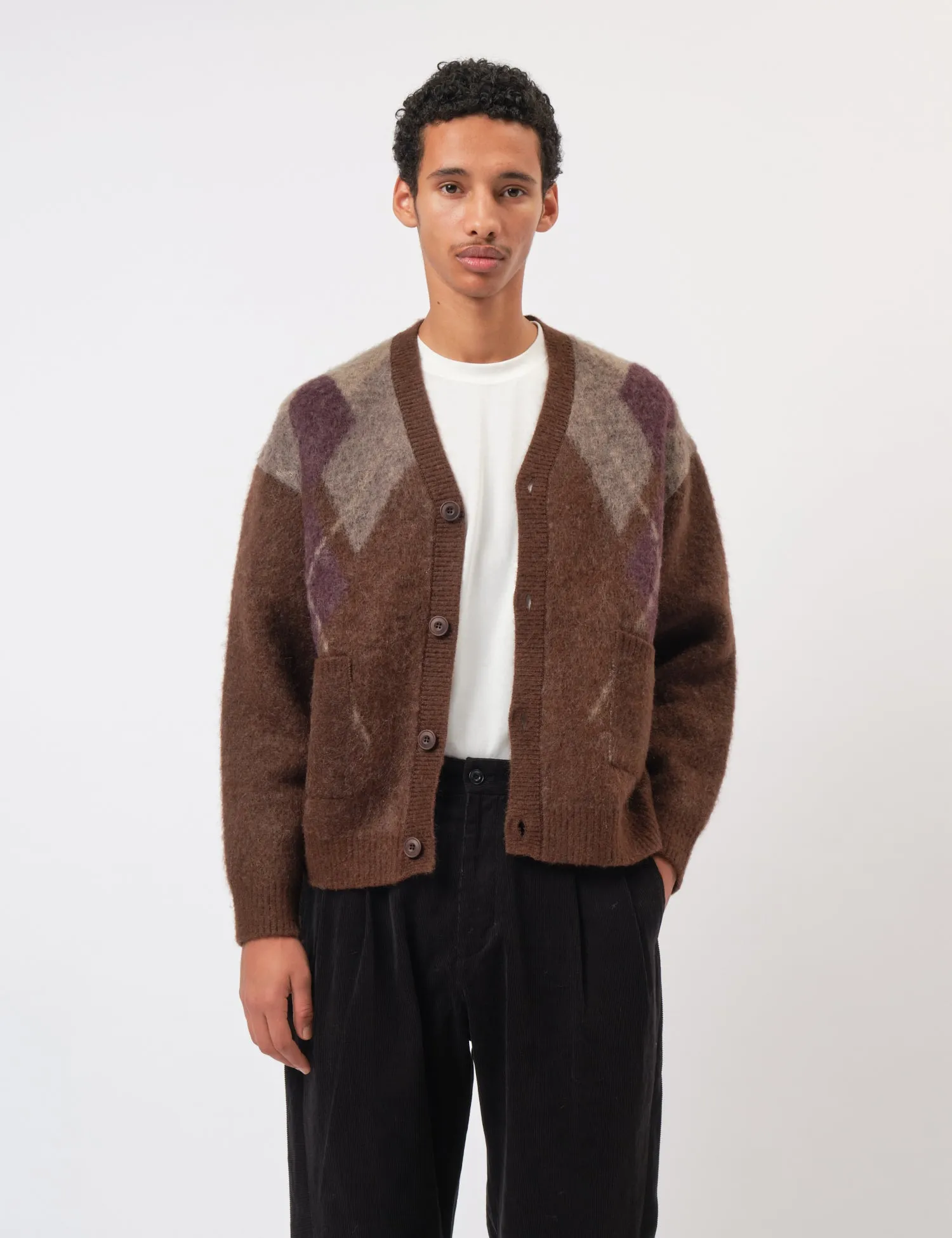 Coor Hairy Mixed Argyle Cardigan - Melange Brown sold by Article London product image thumbnail 4