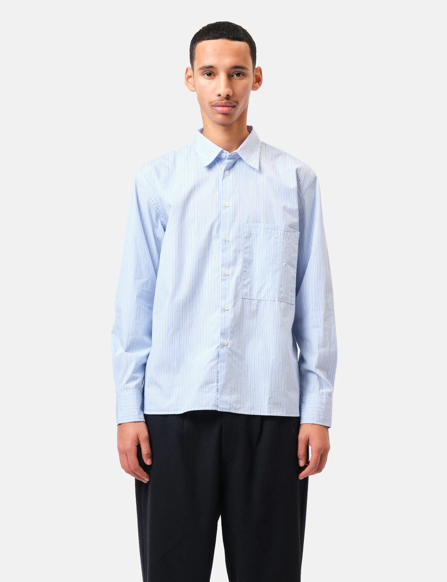 Universal Works Square Pocket Shirt (Office Stripe) - Blue sold by Article London