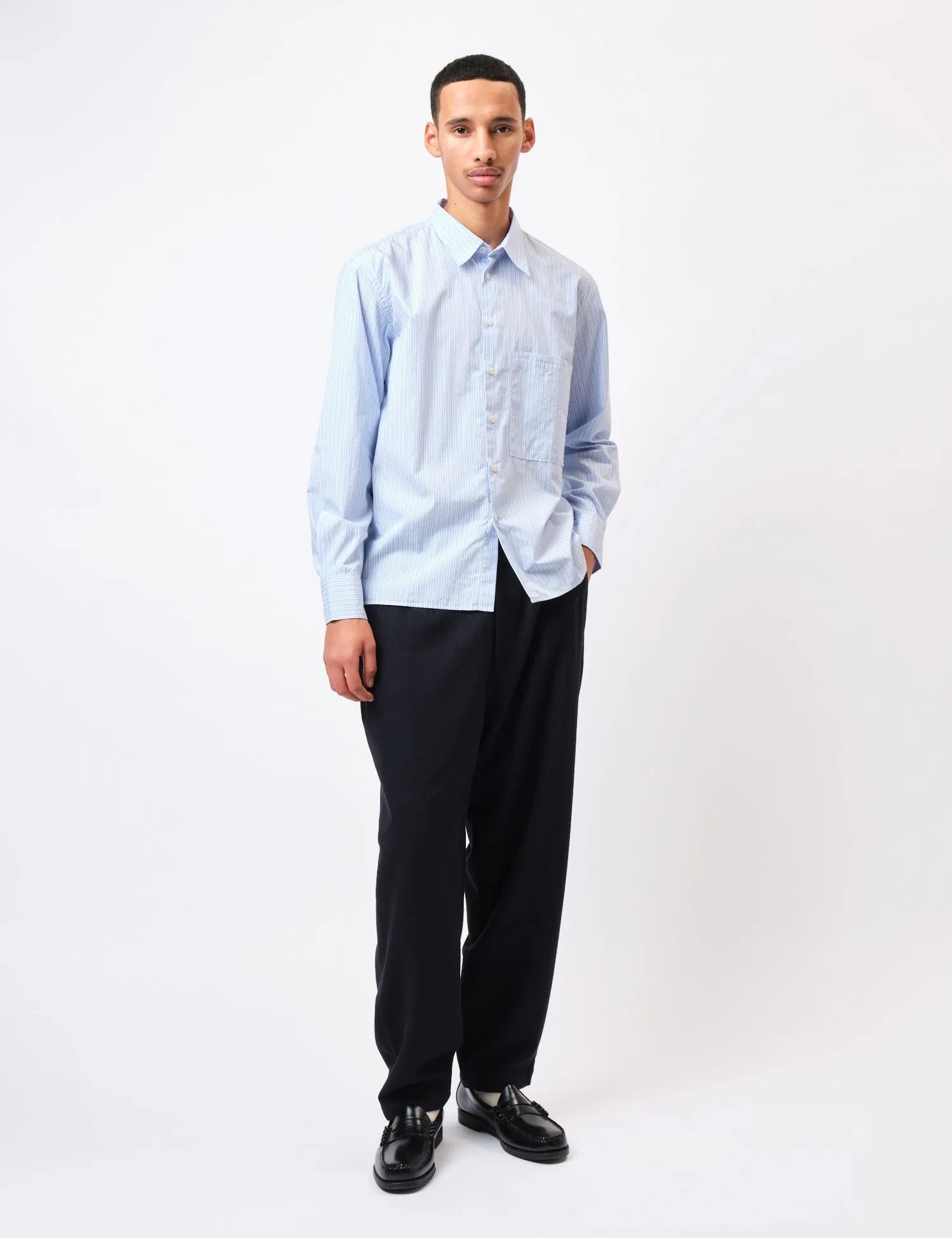 Universal Works Square Pocket Shirt (Office Stripe) - Blue sold by Article London product image thumbnail 3