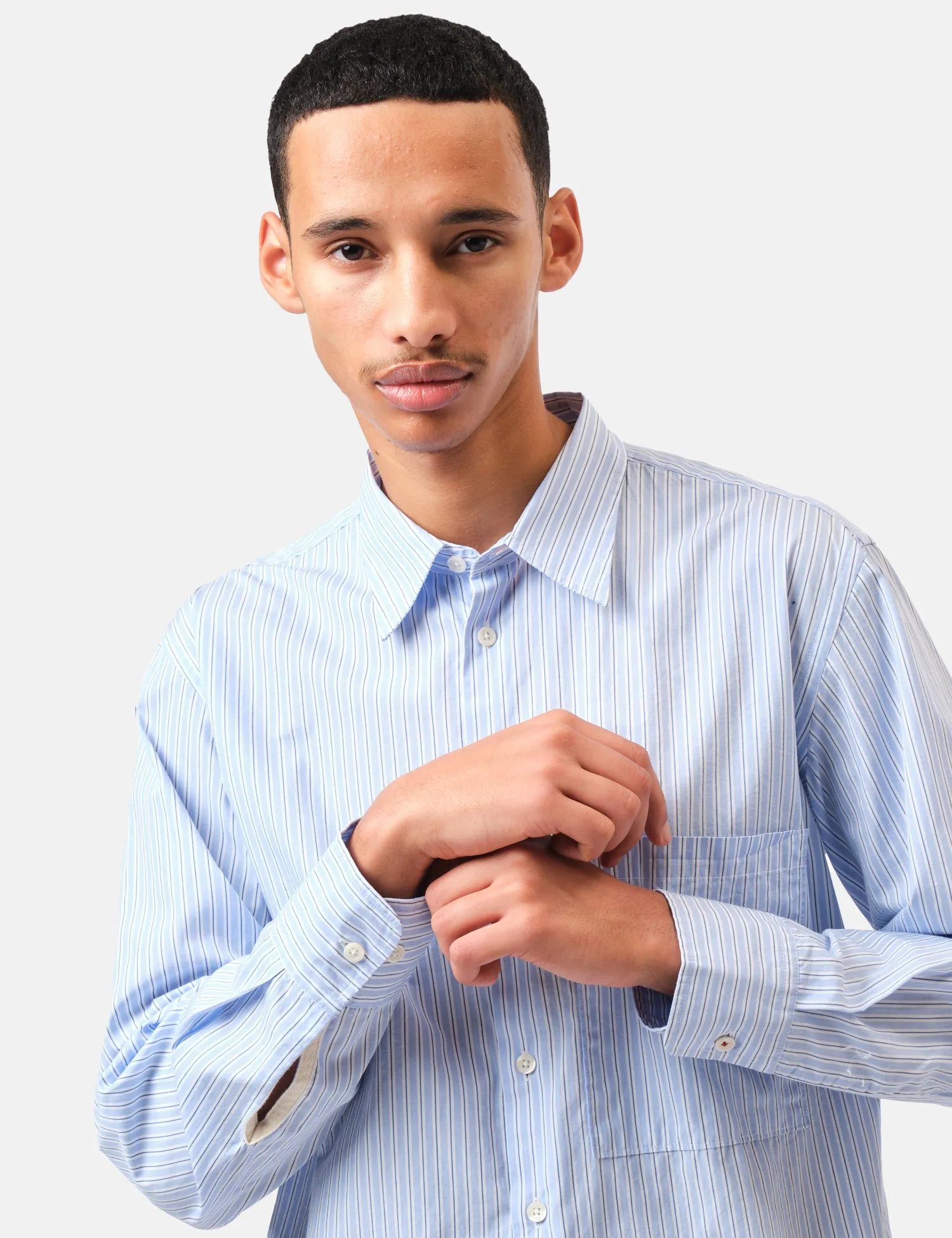 Universal Works Square Pocket Shirt (Office Stripe) - Blue sold by Article London product image thumbnail 2