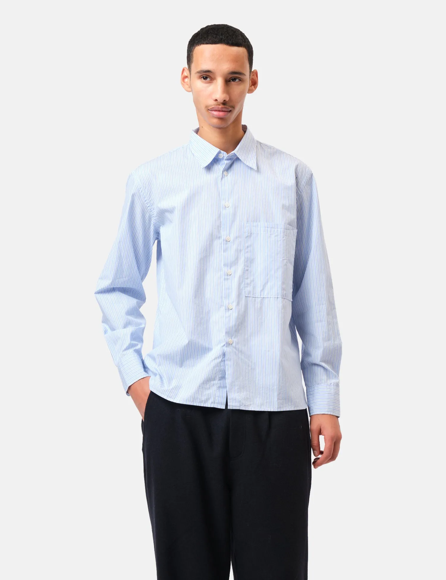 Universal Works Square Pocket Shirt (Office Stripe) - Blue sold by Article London product image thumbnail 4