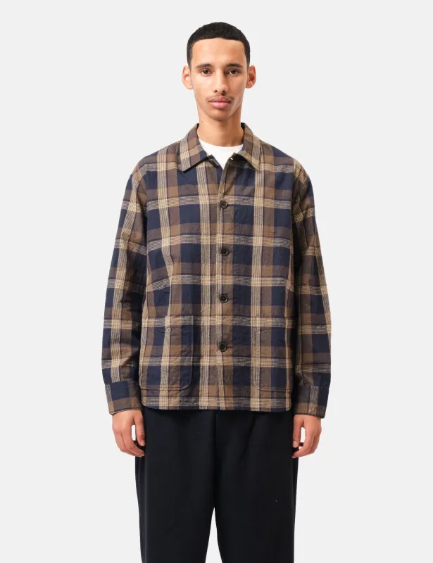 Universal Works Travail Overshirt (Lincot Big Check) - Navy Blue/Brown sold by Article London