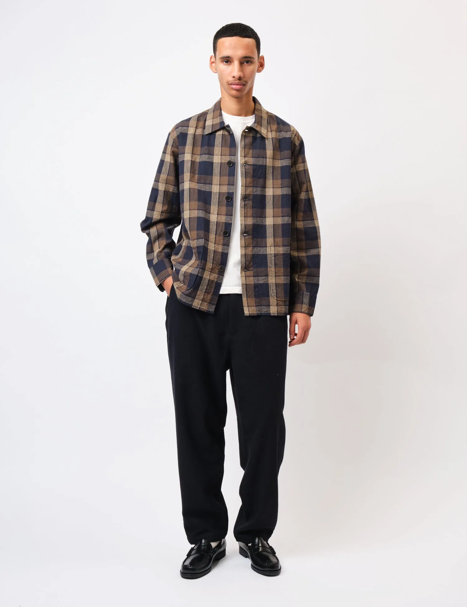 Universal Works Travail Overshirt (Lincot Big Check) - Navy Blue/Brown sold by Article London product image thumbnail 3
