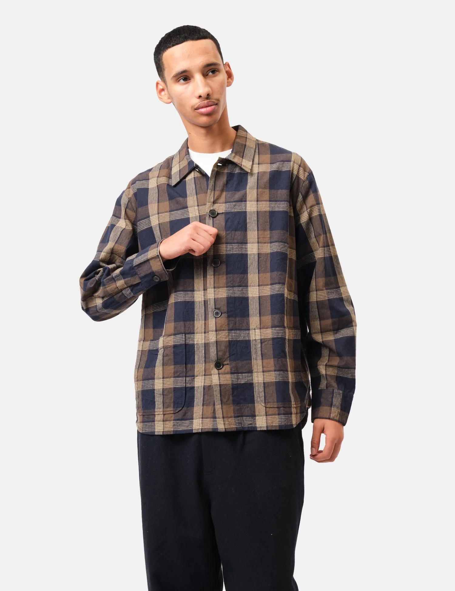 Universal Works Travail Overshirt (Lincot Big Check) - Navy Blue/Brown sold by Article London product image thumbnail 4