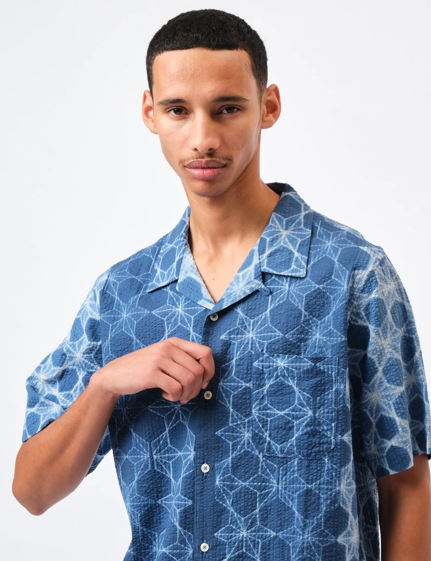 Universal Works Road Shirt (Needle Tye N Dye) - Indigo Blue sold by Article London product image thumbnail 2
