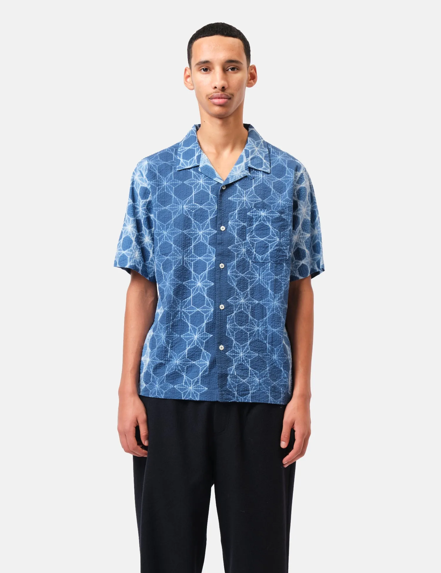 Universal Works Road Shirt (Needle Tye N Dye) - Indigo Blue sold by Article London