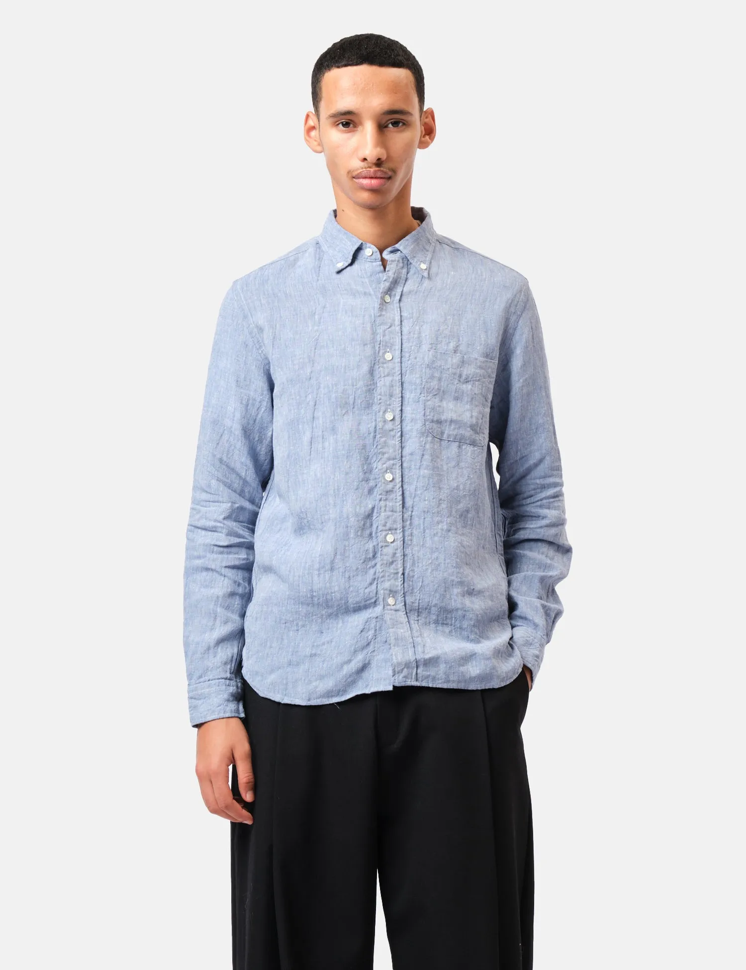 Beams Plus Button Down 1/40 Linen Chambray Shirt - Blue sold by Article London product image thumbnail 5