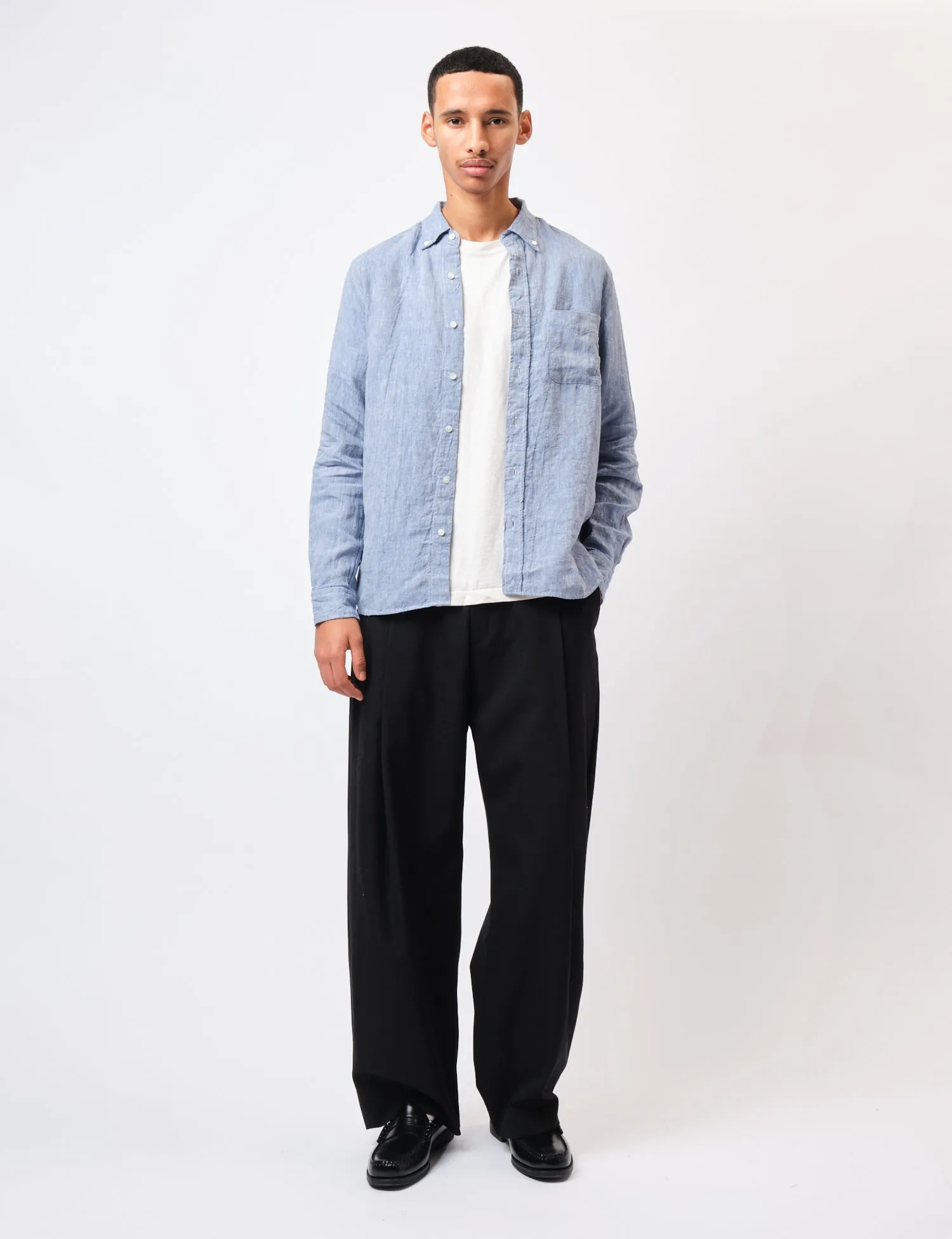 Beams Plus Button Down 1/40 Linen Chambray Shirt - Blue sold by Article London product image thumbnail 3