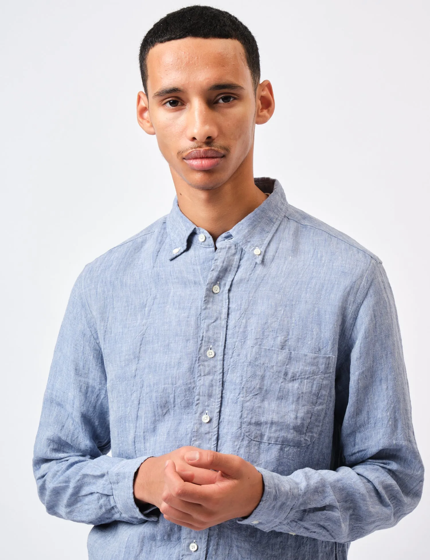 Beams Plus Button Down 1/40 Linen Chambray Shirt - Blue sold by Article London product image thumbnail 2