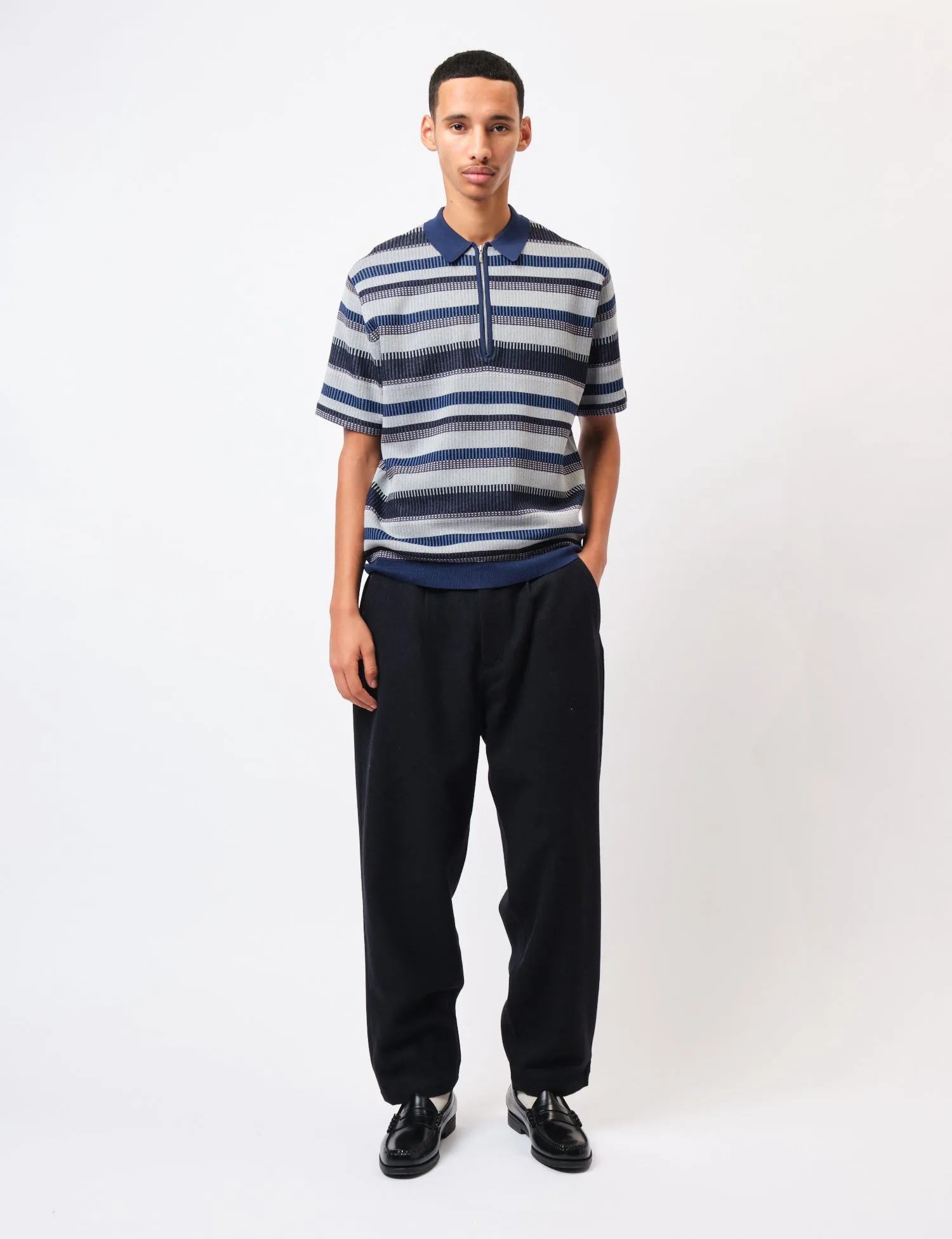 Beams Plus Half Zip Knit Polo Shirt - Navy Blue sold by Article London product image thumbnail 3