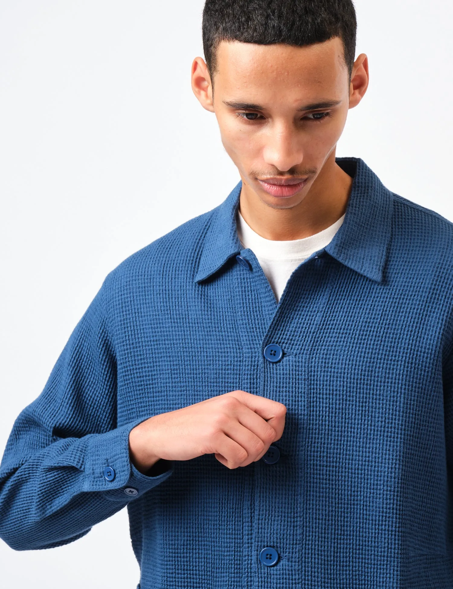 Universal Works Travail Overshirt (Nippon Waffle) - Navy Blue sold by Article London product image thumbnail 2