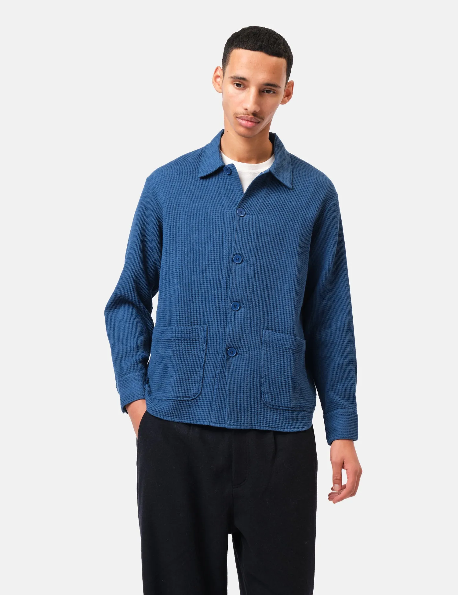 Universal Works Travail Overshirt (Nippon Waffle) - Navy Blue sold by Article London product image thumbnail 5