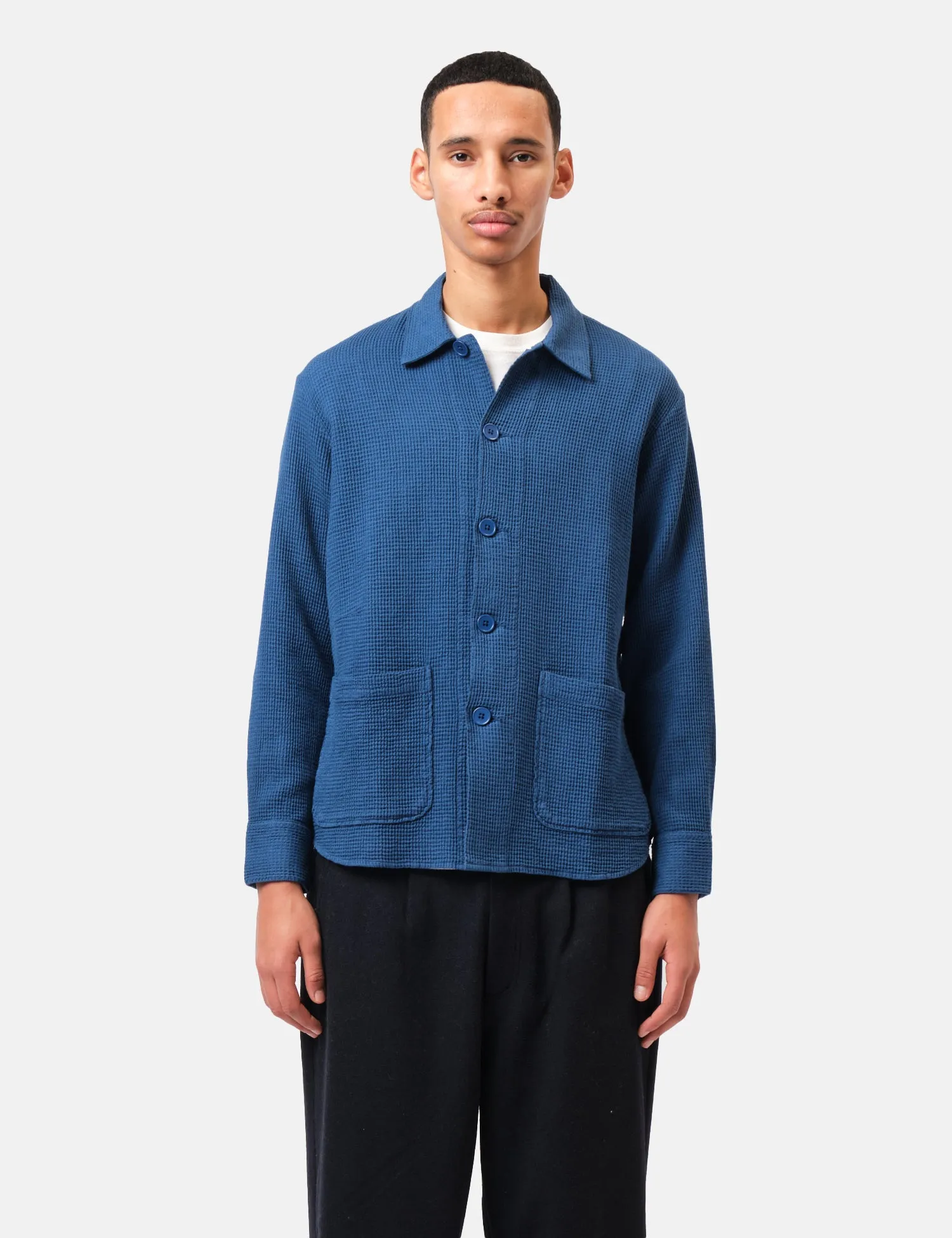 Universal Works Travail Overshirt (Nippon Waffle) - Navy Blue sold by Article London