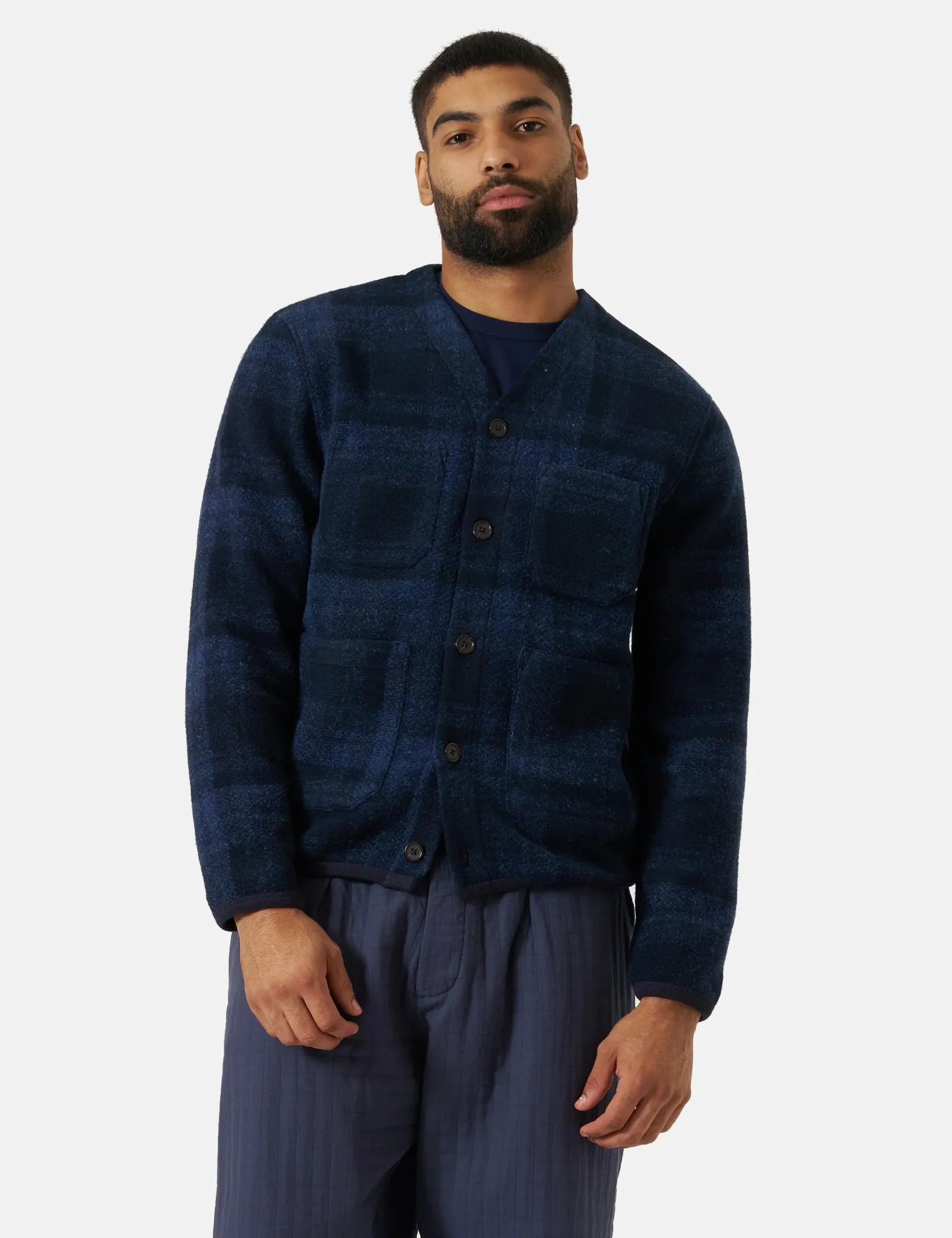 Universal Works Moh Check Fleece Cardigan - Navy Blue sold by Article London