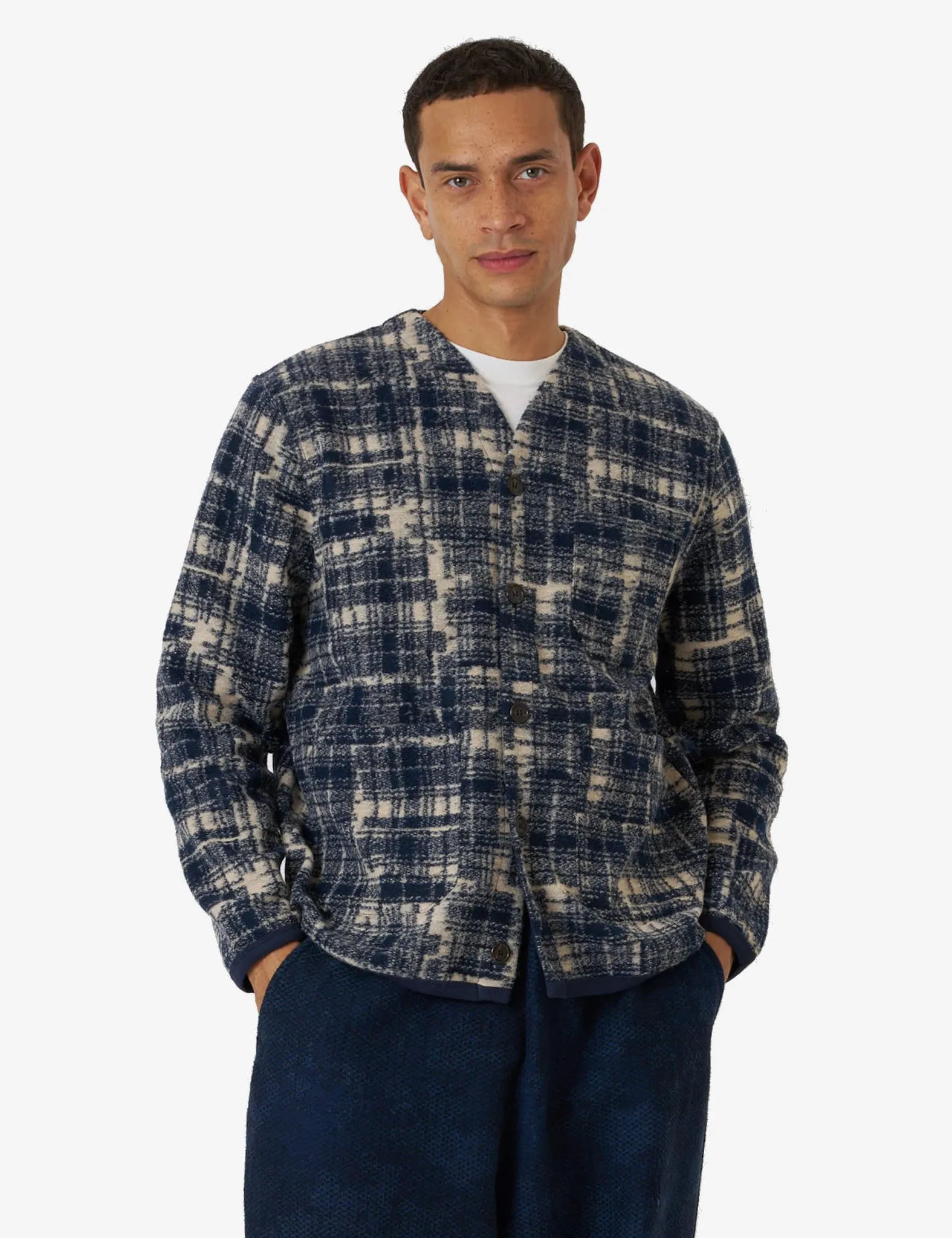 Universal Works Cardigan (Patch Check) - Navy Blue sold by Article London
