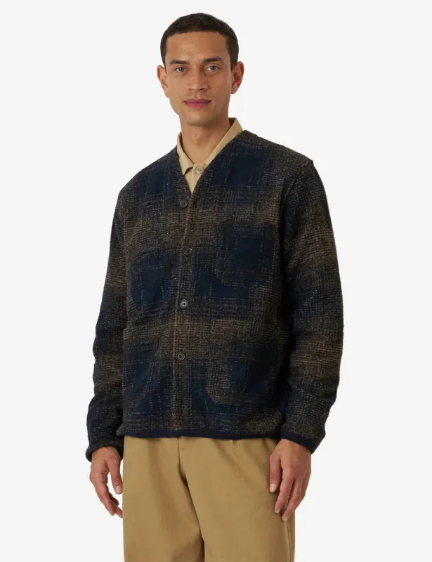 Universal Works Cardigan (Deca Check) - Navy Blue sold by Article London