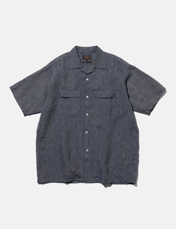 Beams Plus Open Collar Indigo Linen Stripe Shirt - Indigo Blue made by BEAMS PLUS