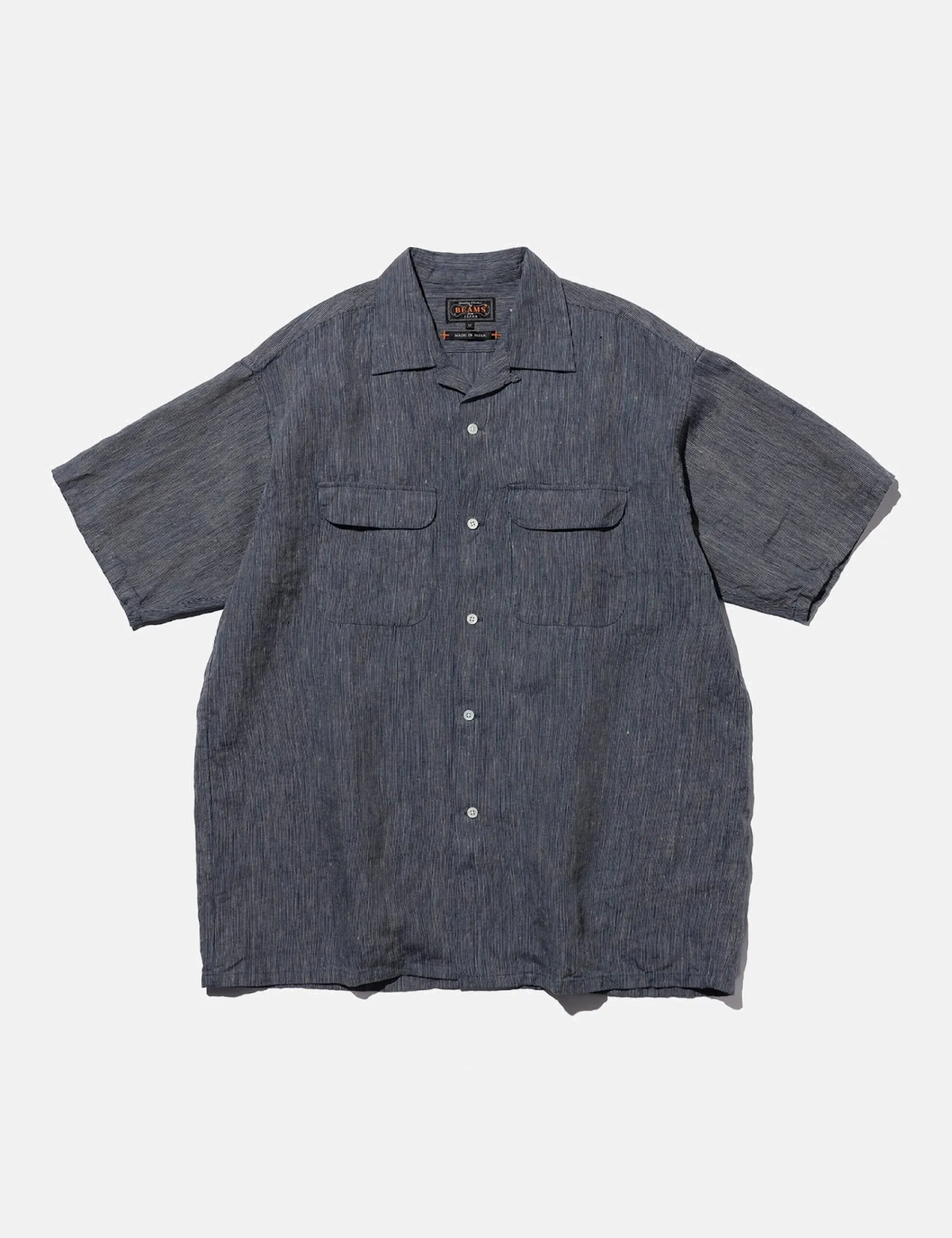 Beams Plus Open Collar Indigo Linen Stripe Shirt - Indigo Blue sold by Article London