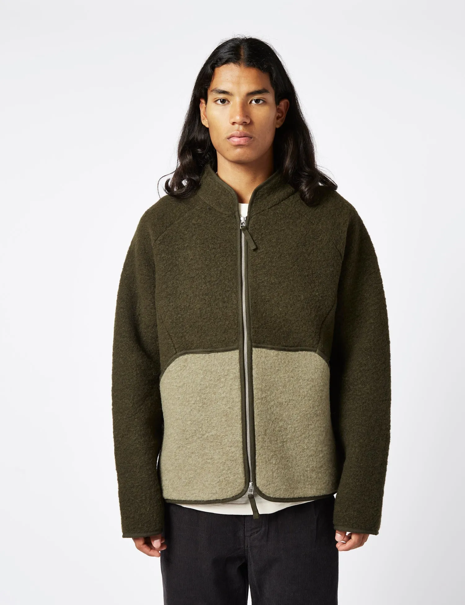 Folk Boxy Puzzle Fleece (Wool Mix) - Olive Green sold by Article London