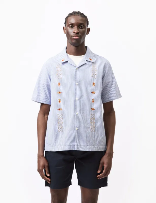 Universal Works Road Shirt (Classic Stripe Emb) - Blue sold by Article London
