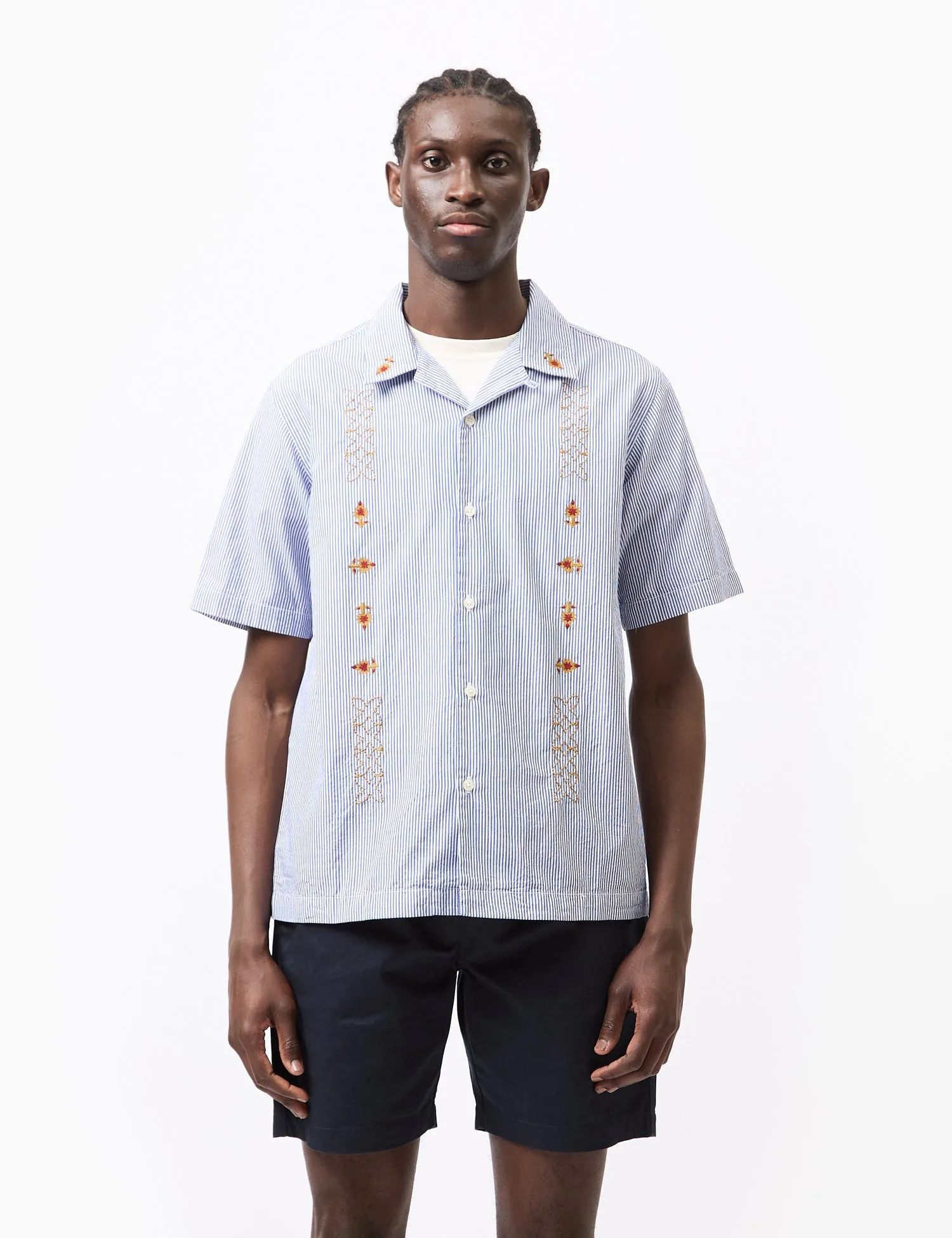 Universal Works Road Shirt (Classic Stripe Emb) - Blue sold by Article London