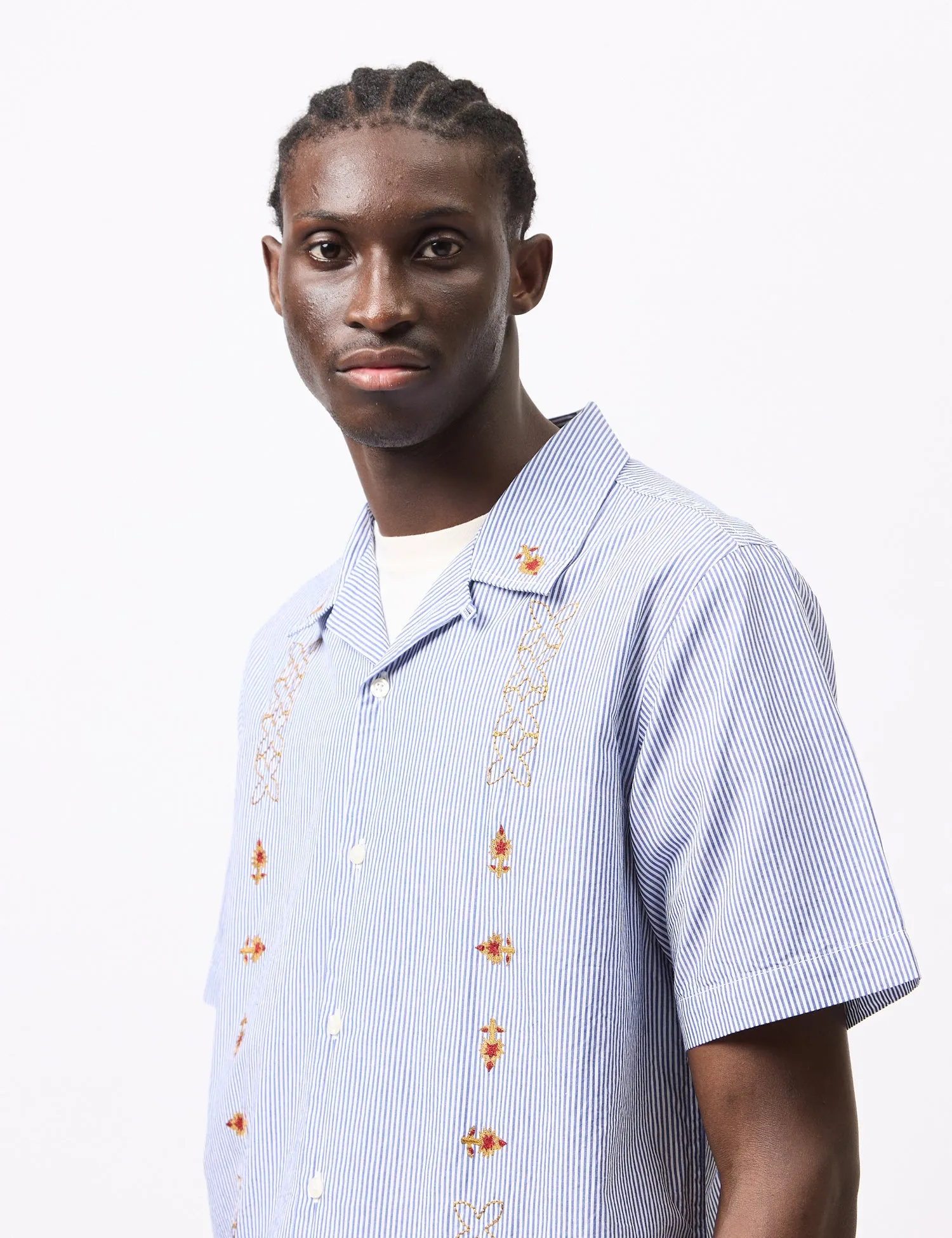 Universal Works Road Shirt (Classic Stripe Emb) - Blue sold by Article London product image thumbnail 2