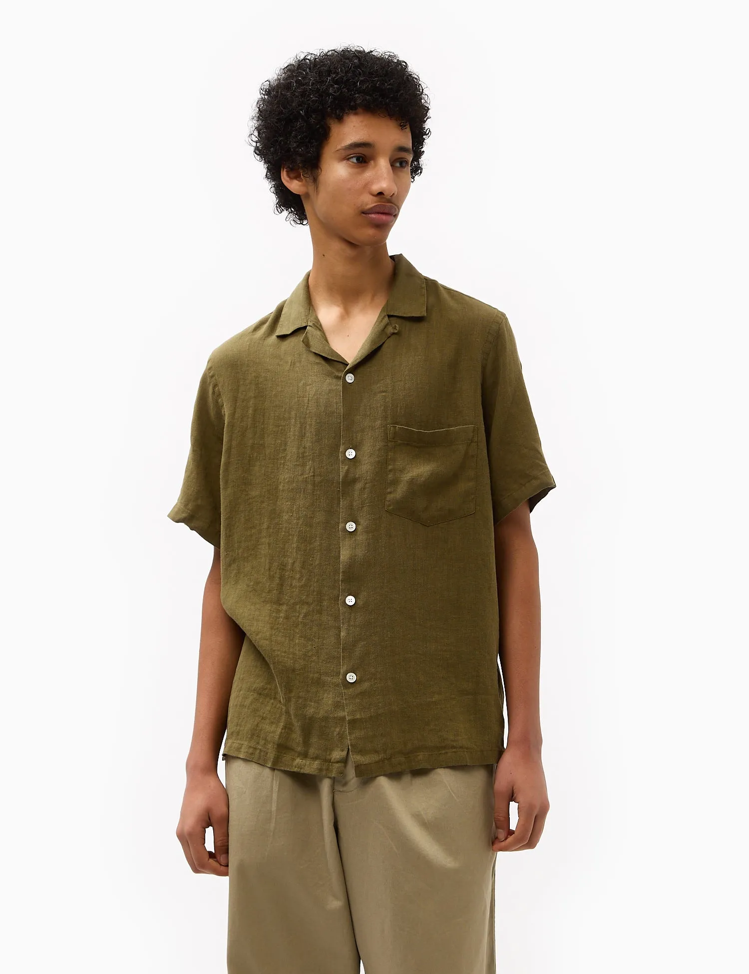 Portuguese Flannel Linen Camp Collar Short Sleeve Shirt - Olive sold by Article London product image thumbnail 4