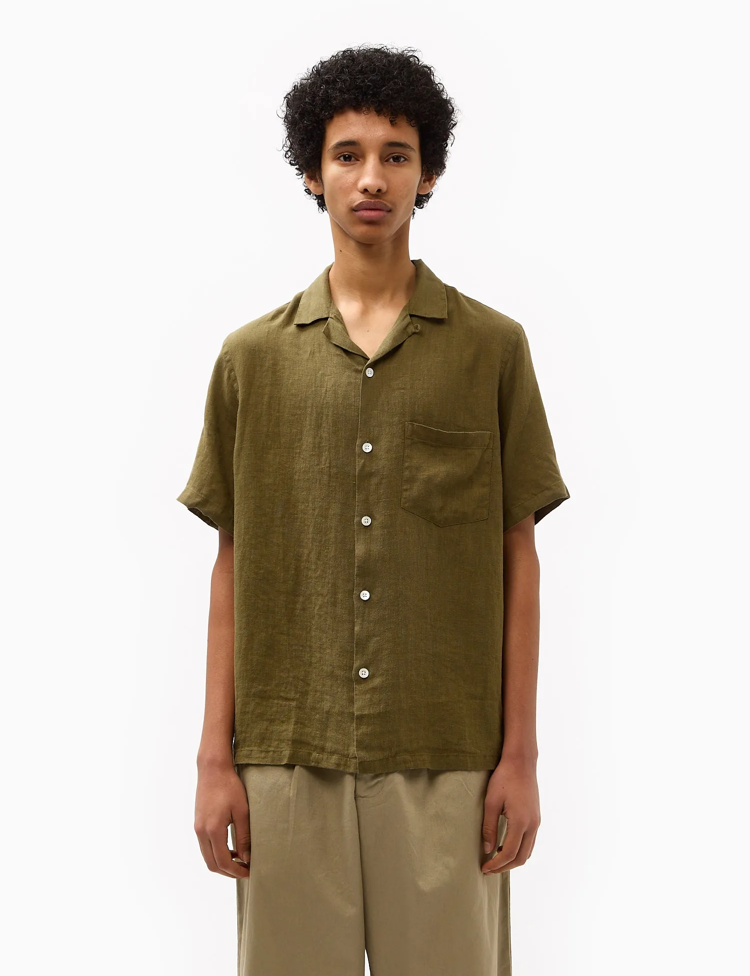 Portuguese Flannel Linen Camp Collar Short Sleeve Shirt - Olive sold by Article London