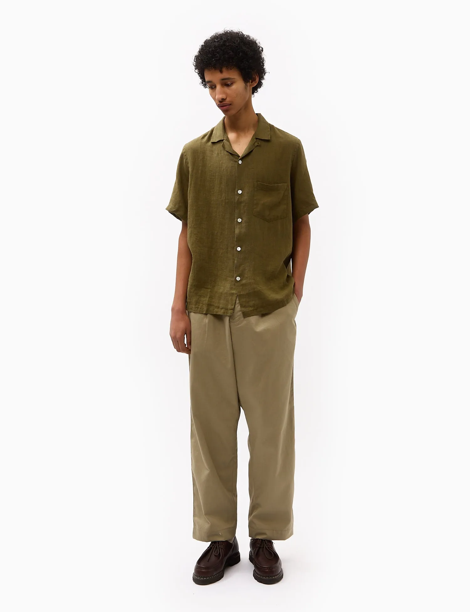 Portuguese Flannel Linen Camp Collar Short Sleeve Shirt - Olive sold by Article London product image thumbnail 2