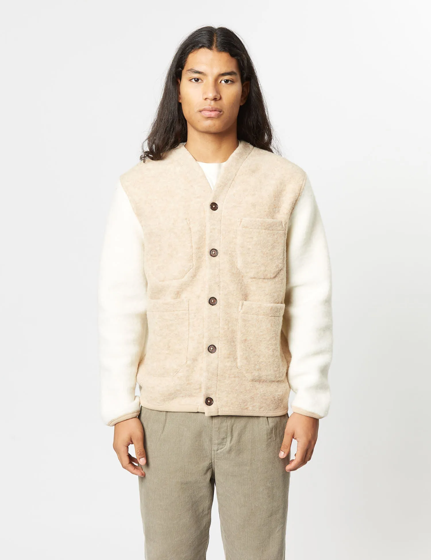 Universal Works Mixed Cardigan - Stone Grey/Ecru sold by Article London