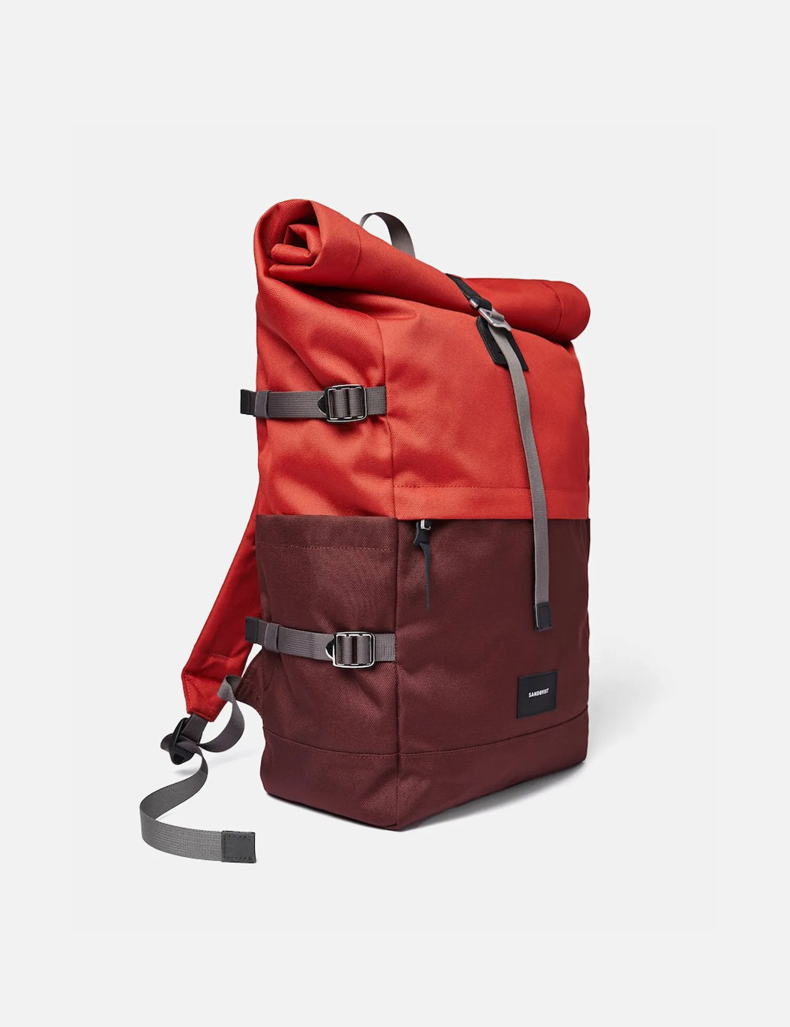 Sandqvist Bernt Rolltop Backpack - (Recycled Poly) - Moss Red/Black Leather sold by Article London product image thumbnail 2