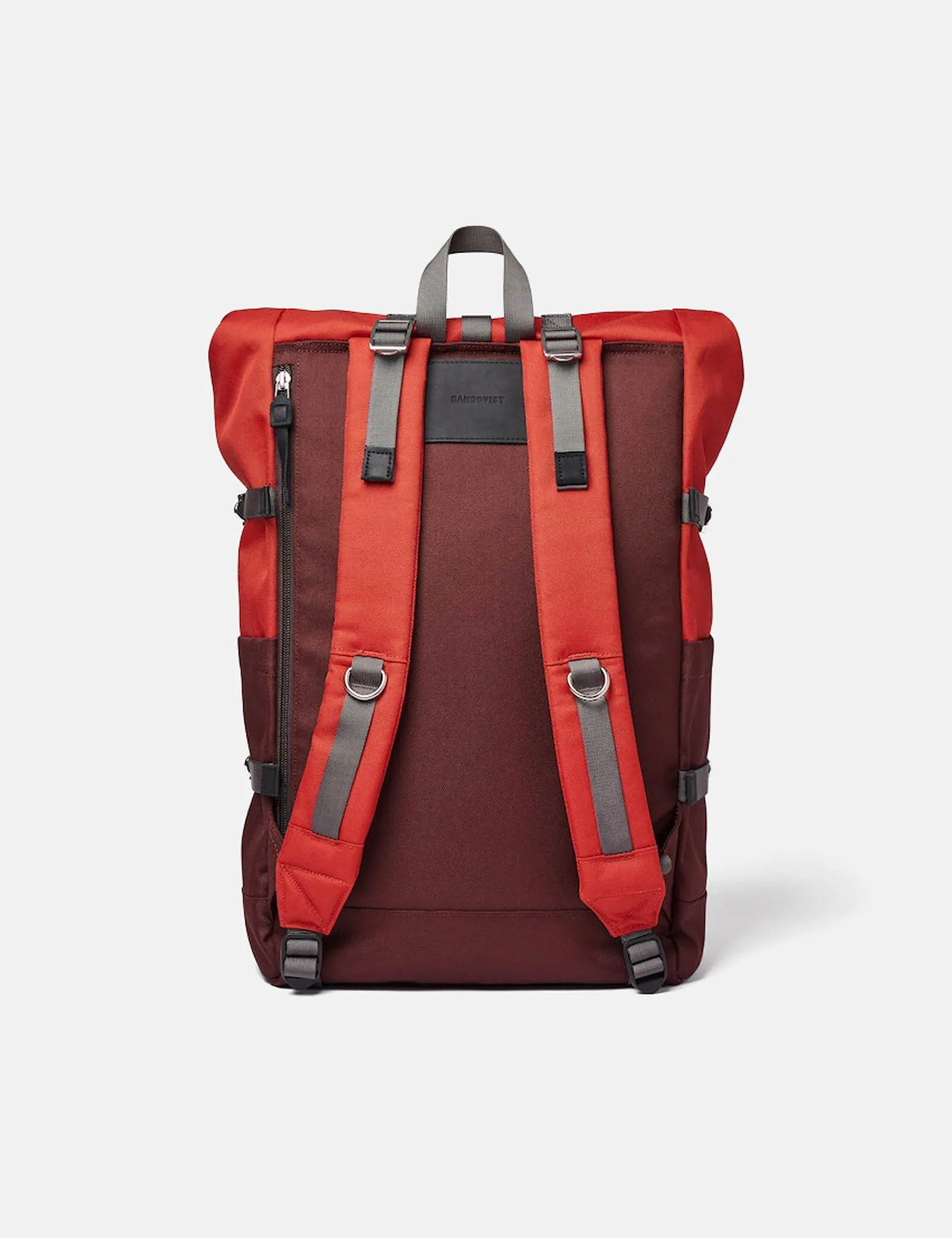 Sandqvist Bernt Rolltop Backpack - (Recycled Poly) - Moss Red/Black Leather sold by Article London product image thumbnail 4