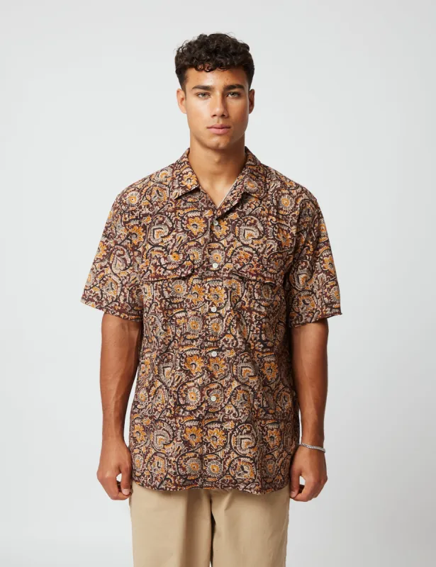 Beams Plus Open Collar Short Sleeve Shirt (Block Print) - Brown sold by Article London