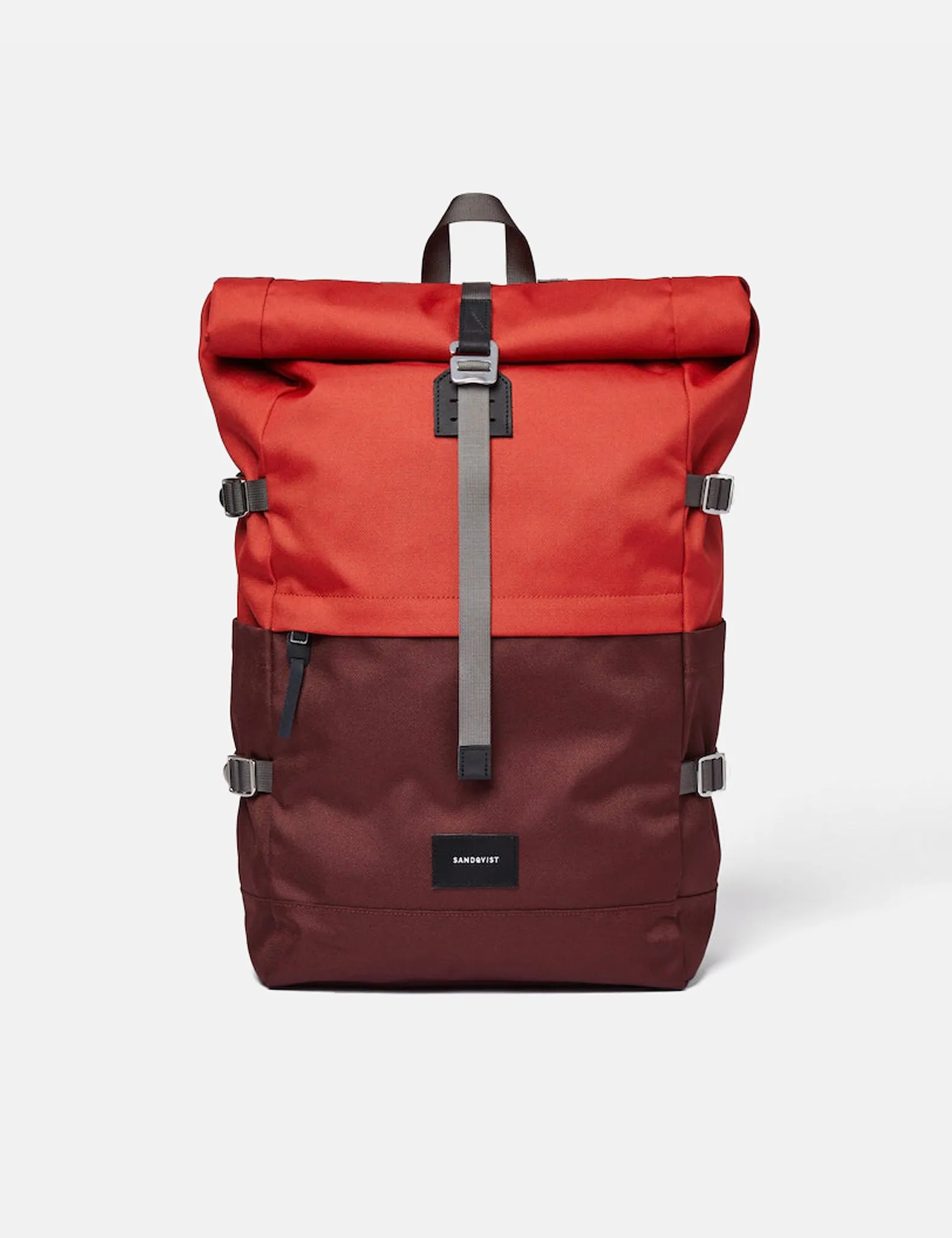 Sandqvist Bernt Rolltop Backpack - (Recycled Poly) - Moss Red/Black Leather sold by Article London